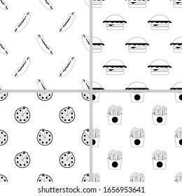 Set of fast food patterns. The set includes a pattern of hot dog, hamburger, pizza, French fries. Patterns of black icons in a linear style on a white background.