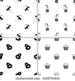 Set of fast food patterns. The set includes a pattern of ice cream, muffin, donuts, shake. Patterns of black icons in a linear style on a white background.