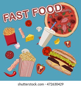set of fast food and pieces of vegetables