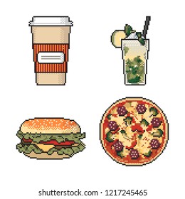 Set of fast food pixel art on white background. Vector illustration.