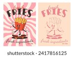 Set of fast food posters. Retro groovy cards with street food characters. Brochure with funky groovy burger, french fries, soda, ice cream, donut, pie, coffee to go, sandwich. Fast food delivery