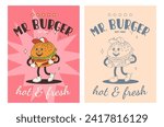 Set of fast food posters. Retro groovy cards with street food characters. Brochure with funky groovy burger, french fries, soda, ice cream, donut, pie, coffee to go, sandwich. Fast food delivery