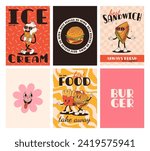 Set of fast food posters. Retro groovy cards with street food characters. Brochure with funky groovy burger, french fries, soda, ice cream, donut, pie, coffee to go, sandwich. Fast food delivery