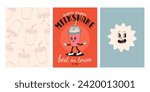Set of fast food posters. Retro groovy cards with street food characters. Brochure with funky groovy burger, french fries, soda, ice cream, donut, pie, coffee to go, sandwich. Fast food delivery