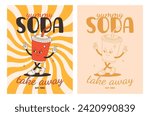 Set of fast food posters. Retro groovy cards with street food characters. Brochure with funky groovy burger, french fries, soda, ice cream, donut, pie, coffee to go, sandwich. Fast food delivery