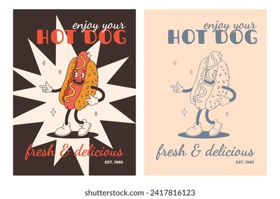 Set of fast food posters. Retro groovy cards with street food characters. Brochure with funky groovy burger, french fries, soda, ice cream, donut, pie, coffee to go, sandwich. Fast food delivery