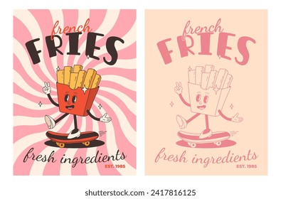 Set of fast food posters. Retro groovy cards with street food characters. Brochure with funky groovy burger, french fries, soda, ice cream, donut, pie, coffee to go, sandwich. Fast food delivery