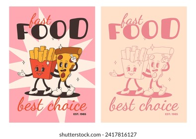 Set of fast food posters. Retro groovy cards with street food characters. Brochure with funky groovy burger, french fries, soda, ice cream, donut, pie, coffee to go, sandwich. Fast food delivery