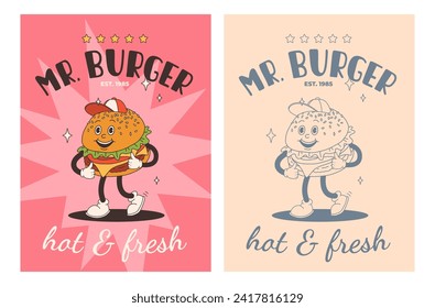 Set of fast food posters. Retro groovy cards with street food characters. Brochure with funky groovy burger, french fries, soda, ice cream, donut, pie, coffee to go, sandwich. Fast food delivery