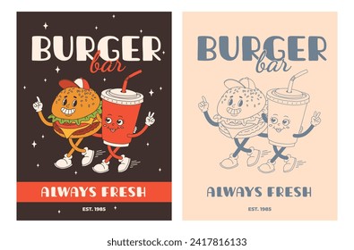 Set of fast food posters. Retro groovy cards with street food characters. Brochure with funky groovy burger, french fries, soda, ice cream, donut, pie, coffee to go, sandwich. Fast food delivery