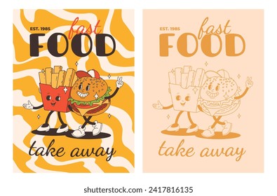 Set of fast food posters. Retro groovy cards with street food characters. Brochure with funky groovy burger, french fries, soda, ice cream, donut, pie, coffee to go, sandwich. Fast food delivery