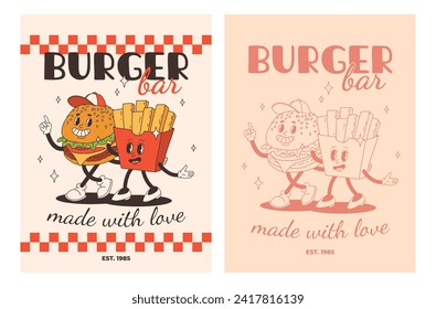 Set of fast food posters. Retro groovy cards with street food characters. Brochure with funky groovy burger, french fries, soda, ice cream, donut, pie, coffee to go, sandwich. Fast food delivery