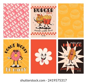 Set of fast food posters. Retro groovy cards with street food characters. Brochure with funky groovy burger, french fries, soda, ice cream, donut, pie, coffee to go, sandwich. Fast food delivery