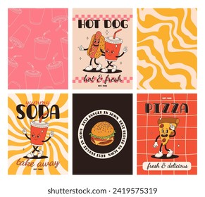 Set of fast food posters. Retro groovy cards with street food characters. Brochure with funky groovy burger, french fries, soda, ice cream, donut, pie, coffee to go, sandwich. Fast food delivery