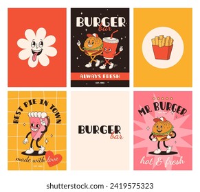 Carteles de comida rápida. Tarjetas retro groovy con personajes de comida callejera. Brochure con hamburguesa divertida, patatas fritas, soda, helado, donut, pastel, café para ir, sándwich. Entrega rápida de alimentos