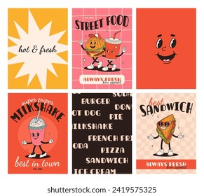 Carteles de comida rápida. Tarjetas retro groovy con personajes de comida callejera. Brochure con hamburguesa divertida, patatas fritas, soda, helado, donut, pastel, café para ir, sándwich. Entrega rápida de alimentos