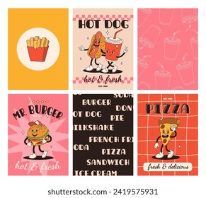 Set of fast food posters. Retro groovy cards with street food characters. Brochure with funky groovy burger, french fries, soda, ice cream, donut, pie, coffee to go, sandwich. Fast food delivery