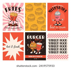 Carteles de comida rápida. Tarjetas retro groovy con personajes de comida callejera. Brochure con hamburguesa divertida, patatas fritas, soda, helado, donut, pastel, café para ir, sándwich. Entrega rápida de alimentos