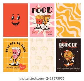 Carteles de comida rápida. Tarjetas retro groovy con personajes de comida callejera. Brochure con hamburguesa divertida, patatas fritas, soda, helado, donut, pastel, café para ir, sándwich. Entrega rápida de alimentos