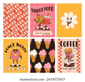 Set of fast food posters. Retro groovy cards with street food characters. Brochure with funky groovy burger, french fries, soda, ice cream, donut, pie, coffee to go, sandwich. Fast food delivery