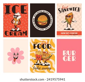 Set of fast food posters. Retro groovy cards with street food characters. Brochure with funky groovy burger, french fries, soda, ice cream, donut, pie, coffee to go, sandwich. Fast food delivery