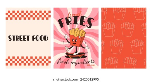 Set of fast food posters. Retro groovy cards with street food characters. Brochure with funky groovy burger, french fries, soda, ice cream, donut, pie, coffee to go, sandwich. Fast food delivery