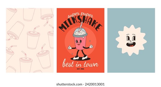 Set of fast food posters. Retro groovy cards with street food characters. Brochure with funky groovy burger, french fries, soda, ice cream, donut, pie, coffee to go, sandwich. Fast food delivery