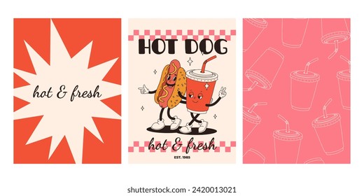 Set of fast food posters. Retro groovy cards with street food characters. Brochure with funky groovy burger, french fries, soda, ice cream, donut, pie, coffee to go, sandwich. Fast food delivery