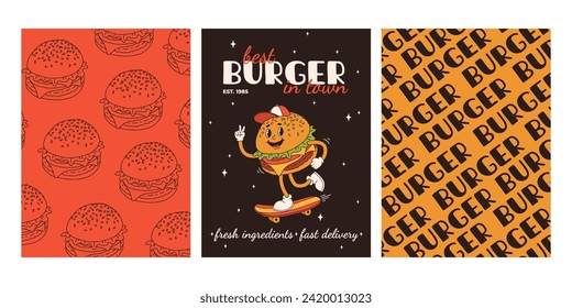 Carteles de comida rápida. Tarjetas retro groovy con personajes de comida callejera. Brochure con hamburguesa divertida, patatas fritas, soda, helado, donut, pastel, café para ir, sándwich. Entrega rápida de alimentos