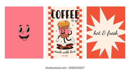 Set of fast food posters. Retro groovy cards with street food characters. Brochure with funky groovy burger, french fries, soda, ice cream, donut, pie, coffee to go, sandwich. Fast food delivery