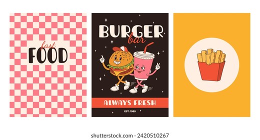 Set of fast food posters. Retro groovy cards with street food characters. Brochure with funky groovy burger, french fries, soda, ice cream, donut, pie, coffee to go, sandwich. Fast food delivery