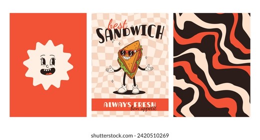 Set of fast food posters. Retro groovy cards with street food characters. Brochure with funky groovy burger, french fries, soda, ice cream, donut, pie, coffee to go, sandwich. Fast food delivery