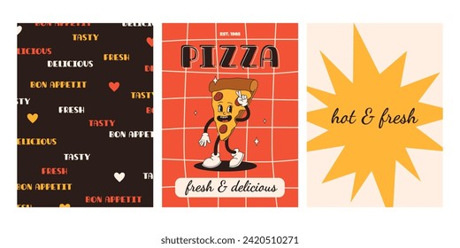 Set of fast food posters. Retro groovy cards with street food characters. Brochure with funky groovy burger, french fries, soda, ice cream, donut, pie, coffee to go, sandwich. Fast food delivery