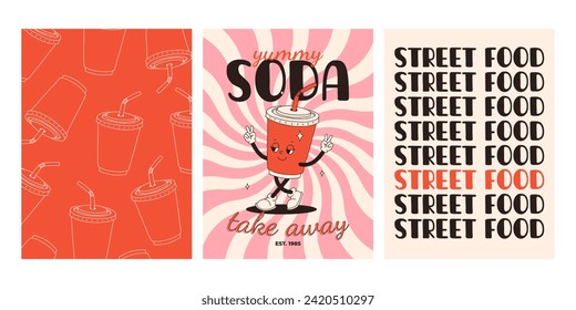 Set of fast food posters. Retro groovy cards with street food characters. Brochure with funky groovy burger, french fries, soda, ice cream, donut, pie, coffee to go, sandwich. Fast food delivery