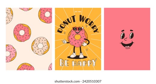 Set of fast food posters. Retro groovy cards with street food characters. Brochure with funky groovy burger, french fries, soda, ice cream, donut, pie, coffee to go, sandwich. Fast food delivery