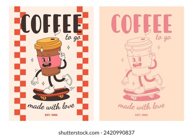 Set of fast food posters. Retro groovy cards with street food characters. Brochure with funky groovy burger, french fries, soda, ice cream, donut, pie, coffee to go, sandwich. Fast food delivery