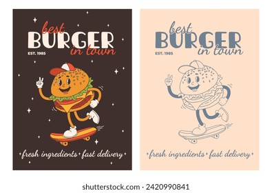 Set of fast food posters. Retro groovy cards with street food characters. Brochure with funky groovy burger, french fries, soda, ice cream, donut, pie, coffee to go, sandwich. Fast food delivery