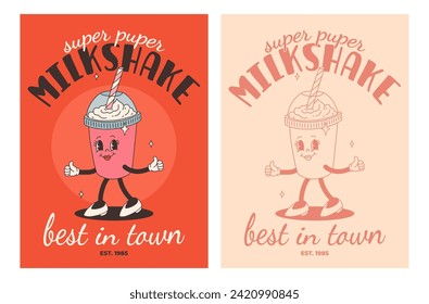 Carteles de comida rápida. Tarjetas retro groovy con personajes de comida callejera. Brochure con hamburguesa divertida, patatas fritas, soda, helado, donut, pastel, café para ir, sándwich. Entrega rápida de alimentos