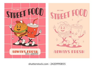 Set of fast food posters. Retro groovy cards with street food characters. Brochure with funky groovy burger, french fries, soda, ice cream, donut, pie, coffee to go, sandwich. Fast food delivery