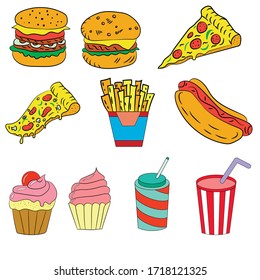 Set of fast food products, drawing on a white background, vector illustration