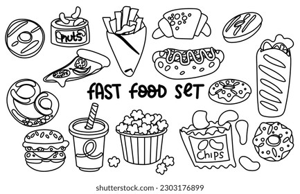 A set of fast food products highlighted on a white background in a contour style. Cartoon fast food, unhealthy burger sandwich, hamburger, pizza, snacks from the restaurant menu. Vector illustration