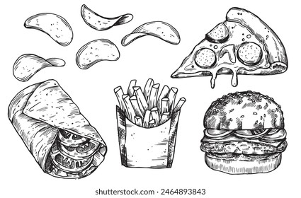 set of fast food products. pizza, burger, chips, fries. vector drawing in sketch style