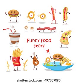 Set of fast food products for restaurant menu illustrating, diet concept. Smiling and dancing pizza, hotdog, chicken, hamburger, french fries, bacon, egg, onion ring, coffee, sugar flat vectors 