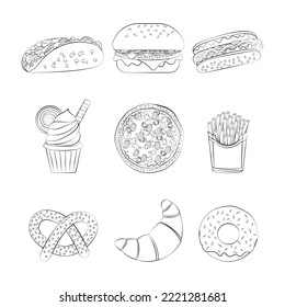 A set of fast food products with a thin line.