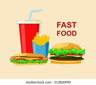 Set of fast food products. vector cartoon illustration.