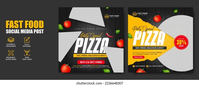 Conjunto de restaurantes de comida rápida marketing de negocios marketing de medios sociales plantilla de publicación de banner. Folleto de promoción de pizzas para fiestas saludables y frescas. Menú de comida, hamburguesa, afiche web de hamburguesa con logo e icono.