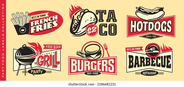 Set of fast food restaurant labels and logos. Vector burgers and hot dogs stickers. Barbecue and grill emblems.