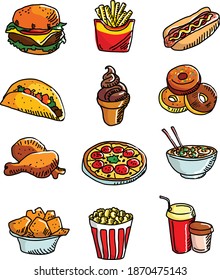 Juego de comida rápida , Iconos vectores de comida para restaurantes