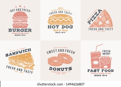 Set of fast food retro badge design. Vector. Vintage design with hotdog, burger, pizza for cafe, restaurant, pub or fast food business. Template for restaurant identity objects, packaging and menu