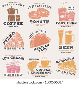 Set of fast food retro badge design. Vector. Vintage design with hotdog, burger, pizza for cafe, restaurant, pub or fast food business. Template for restaurant identity objects, packaging and menu